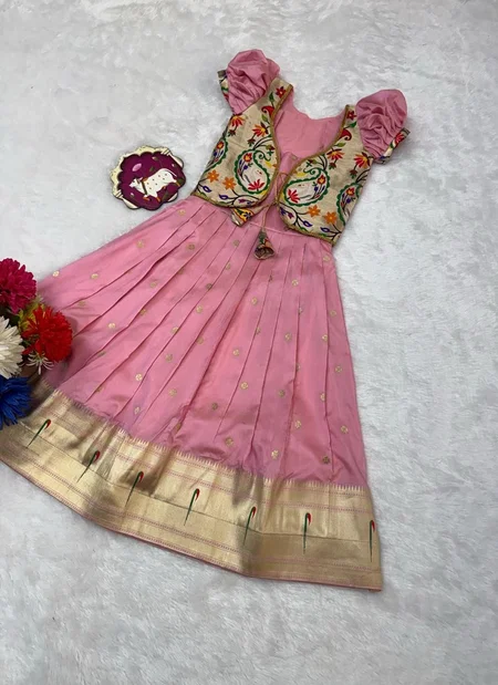 Ajd 8146 Soft Paithani Silk Kids Wear Gown With Coat Wholesale Suppliers In Mumbai